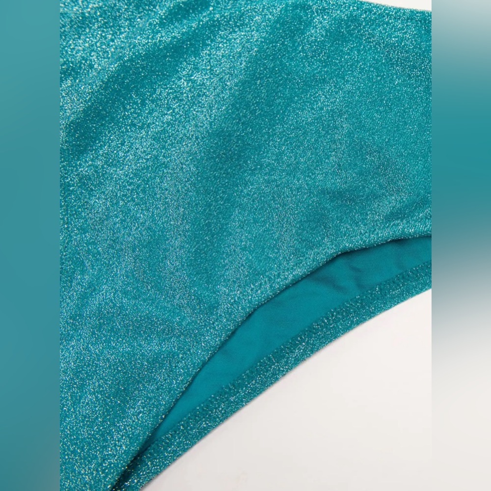CUPSHE SWIMSUIT BIKINI SET SIZE SMALL MEDIUM TEAL SPARKLY HIGH WAISTED PADDED - Picture 2 of 8